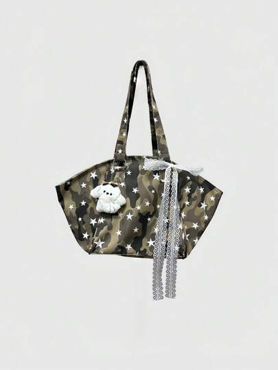 Anime Y2K Camouflage Star Print Lace Bow Puppy Decor Large Capacity Shoulder Tote Bag, Fashion & Versatile For Commuting, Vacation, Party, Shopping