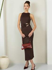 House of One Old Money Solid Brown Textured Knit Sleeveless Overlap Fitted Midi Dress Women Casual Autumn Outfits Brown Midi Dress Brown Dress Women Casual Old Money Fall Women Clothes Brown Dress Coffee Brown Dress Brown Buckle Dress Fall Outfits Business Professional Women Business Casual Woman