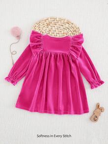 Baby Girl Fuchsia Pink Knit Soft Round Neck Ruffle Hem Waist Cinched Long Sleeve Dress,Cute Newborn Birthday Autumn Clothing,Cozy Pixies Flounce Dress - Hot Pink - View 2