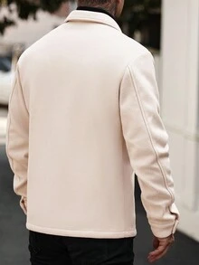 Manfinity Homme 男士保暖内衬纯色长袖单排扣口袋羊毛大衣，秋冬米色男士西部奶油色纽扣男士街头风男士大衣