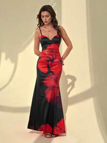 SHEIN Tall Váy ôm sát bodycon họa tiết hoa gợi cảm, dây buộc mảnh dành cho nữ, váy maxi họa tiết hoa Hawaii cho bãi biển, kỳ nghỉ, tiệc tùng, buổi hẹn hò thanh lịch, kỳ nghỉ xuân, trang phục bohemian, váy ôm sát - màu đen - Xem 3