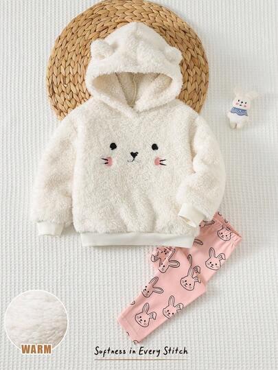 Cozy Pixies 2件套女婴兔子图案羊毛连帽运动衫和松紧腰裤套装