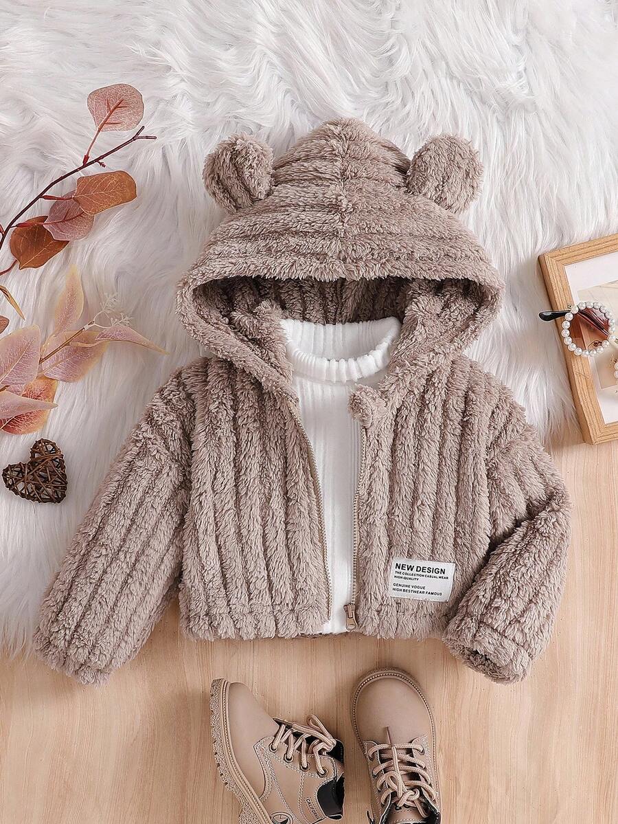 SHEIN Baby Girls' Autumn/Winter Solid Color Striped Hooded Jacket, Fashionable Design With High-Quality Soft And Comfortable Fabric, Solid Color Simple Style With Plush 3D Ear Design, Loose Fit Suitable For Outdoor Play, Indoor Leisure, Sports And Parties - Mocha Brown - View 1