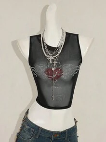 SHEIN ICON Women's Y2k Black Rhinestone Decor Sheer Sleeveless Crew Neck Camisole Top - Black - View 4