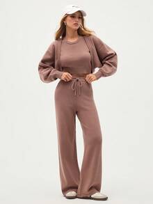 Eassivo Eassivo 3件套宽松长袖外套+圆领背心+系带裤针织套装 - 棕色 - 查看 8