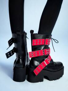 ROMWE Grunge Punk 女式朋克风格厚底粗跟踝靴，哥特式金属红色扣装饰厚底坡跟靴，适合夜店派对穿着舒适 - 黑色 - 查看 6