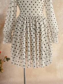 Dreamara Plus Size Women's White Polka Dot Mesh Print V-Neck Flare Sleeve A-Line Dress, Suitable For Autumn/Winter - Black and White - View 3