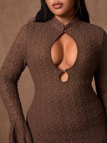 Rustia Vestido ajustado con mangas acampanadas y cuello chino calado para mujer de talla grande, adecuado para salidas, fiestas y banquetes