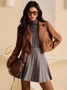 Bluhae Áo khoác nữ tay ngắn chất liệu da lộn, dáng ôm, có túi, cài khóa kéo, dáng suông, thoải mái, thanh lịch, đi làm hàng ngày, dự tiệc, dạo phố, thu đông - Màu Khaki - Xem 6