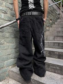 Manfinity EMRG 男士加大码街头风格长款黑色阔腿牛仔裤，采用独特闪电印花和牛仔面料，闪电印花牛仔裤朋克裤，垃圾摇滚 - 黑色 - 查看 2