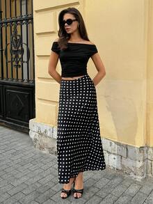 SHEIN Tall Elegant Commuting Polka Dot Satin Long Skirt - Black - View 8