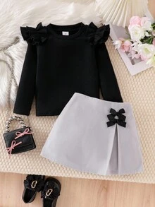 Elladie kids 两件套女童针织荷叶边罗纹黑色T恤上衣和灰色羊毛褶皱蝴蝶结半裙套装，优雅时尚的春秋季儿童服装。 - 黑色 - 查看 4