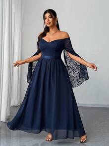 Elenzga 大码女式优雅、浪漫、性感、奢华派对、婚礼宾客长袖、收腰、飘逸雪纺长裙，春秋季 - 藏蓝色 - 查看 3