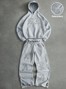 PAVTROS Men Street-Style Popular INS Matching LA Flocking Thermal Lined Hoodie & 2 In 1 Double Waistband Zipper Leg Pants, Suitable For Outdoor Music Festivals, Nightclubs, Bars, Gifts For Boyfriends/Husbands, Anniversary Gifts, Light Gray Sweatsuit, Perfect Gift For Boyfriend, Highly Fashionable For Streetwear, Campus Outfits & Halloween, Fall Clothes - Light Grey - View 5