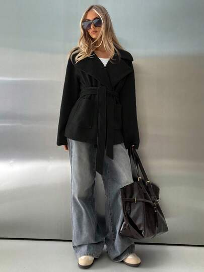 Aloruh 女士加厚卡其色翻领口袋宽松大衣，适合秋冬季节，舒适保暖的秋冬女装