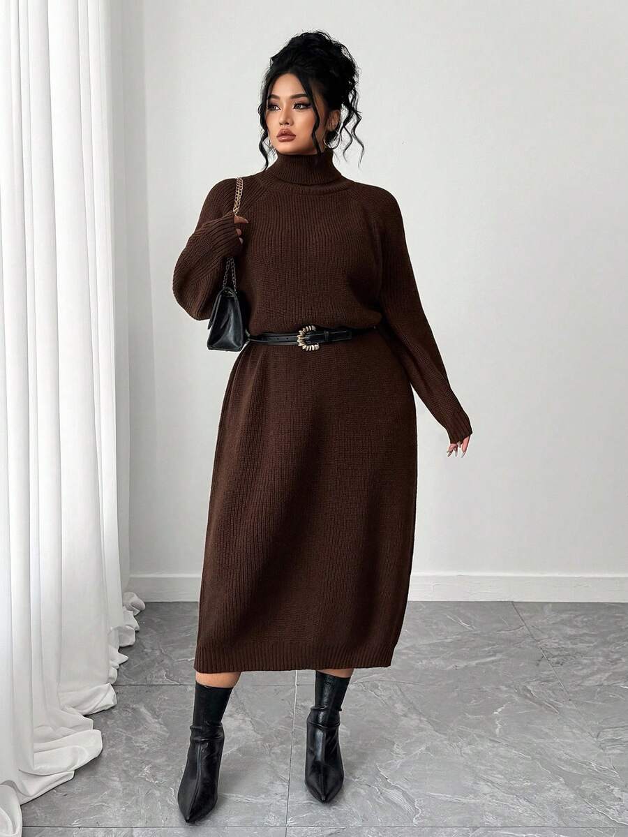 Elenzga Plus Size Women Solid Color Turtleneck Long Sleeve Casual Knit Sweater Dress, Autumn/Winter - Coffee Brown - View 1