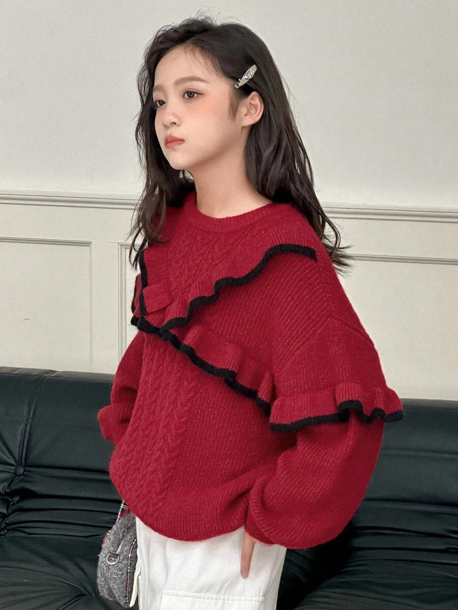 DAZY Tween Girl Ruffle Patchwork Drop Shoulder Casual Crew Neck Pullover Sweater, Autumn/Winter,New Year - Red - View 1