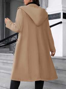 Easura Plus Size Solid Color Double-Breasted Hooded Overcoat, Suitable For Commuting, Autumn/Winter - Camel - View 2