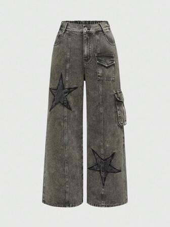 Grunge Punk Grunge-Punk kreativ abgenutzte Fünf-Zacken-Stern Damen Herbst/Winter Hosen, vintage gewaschener Straßen-Stil Loose Fit Jeans in Große Größen, Alltag, Musikfestival, Party, Urlaub Jeans