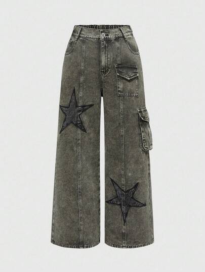 Grunge Punk Grunge-Punk kreativ abgenutzte Fünf-Zacken-Stern Damen Herbst/Winter Hosen, vintage gewaschener Straßen-Stil Loose Fit Jeans in Große Größen, Alltag, Musikfestival, Party, Urlaub Jeans