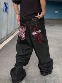 ROMWE MEN Grunge Punk Men's KPOP Embroidered Pattern Loose Baggy Jeans - Black - View 2