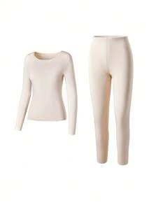 LUVLETTE Women's Thermal Underwear Ultra-Soft Base Layer Cold Weather Warm Winter PJ Set Round Neck Top And Long Bottoms - Beige Lightweight And Warm Set Pajama Sets
