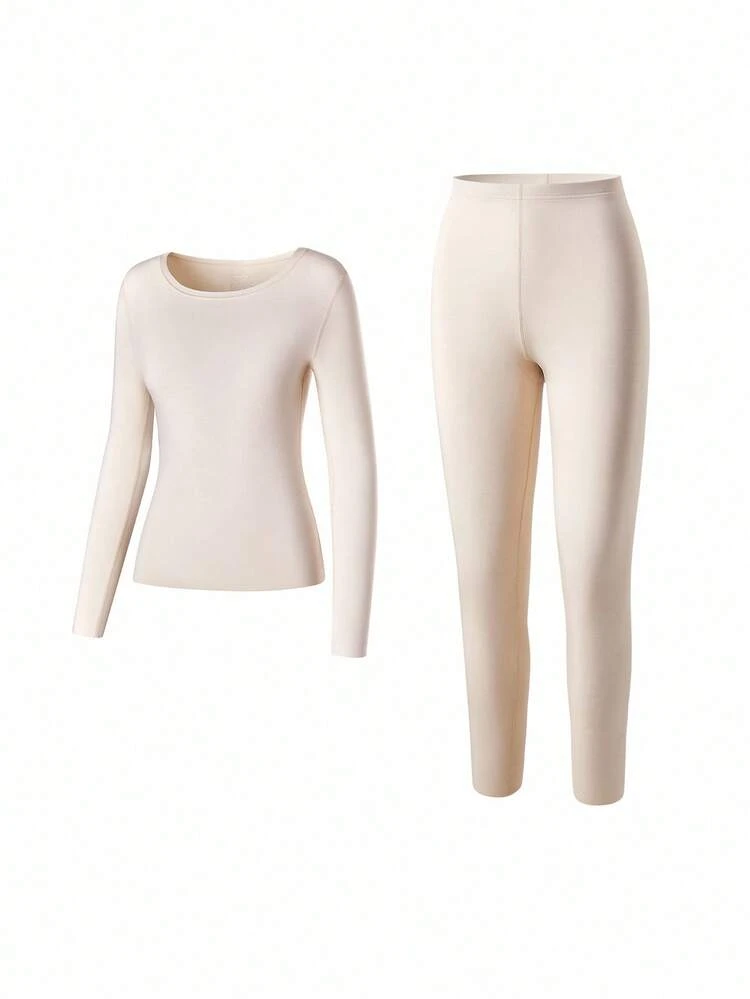 Ropa interior térmica para mujer Conjunto de capa base ultra suave para clima frío Pijama de invierno cálido Parte superior de cuello redondo y pantalones largos - Conjunto ligero y cálido en beige