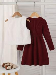 2pcs/Set Toddler Girls' Cute Bow Decor Vest & Dress Outfit, Velvet Ribbed Solid Color Dress With Contrast Color Cardigan Vest, Spring/Autumn Girl S Spring And Autumn Dress Kids Pleated Skirt Sets Girls Skirts Sets Burgundy Dress Kids Girl Autumn And Winter Young Girls Dressse