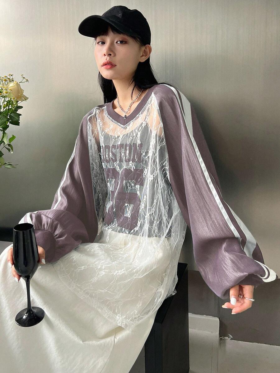 FRIFUL 女式 V 领侧条纹印花半透明休闲长袖衬衫 - 中紫紅色 - 查看 1