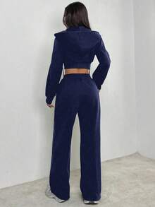 SHEIN PETITE Conjunto de dos piezas de sudadera con capucha y pantalón de chándal gris sólido casual para mujer