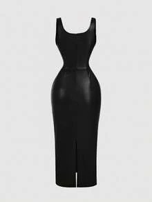 SHEIN MOD 女士纯色无袖修身PU连衣裙，适合通勤 - 黑色 - 查看 2