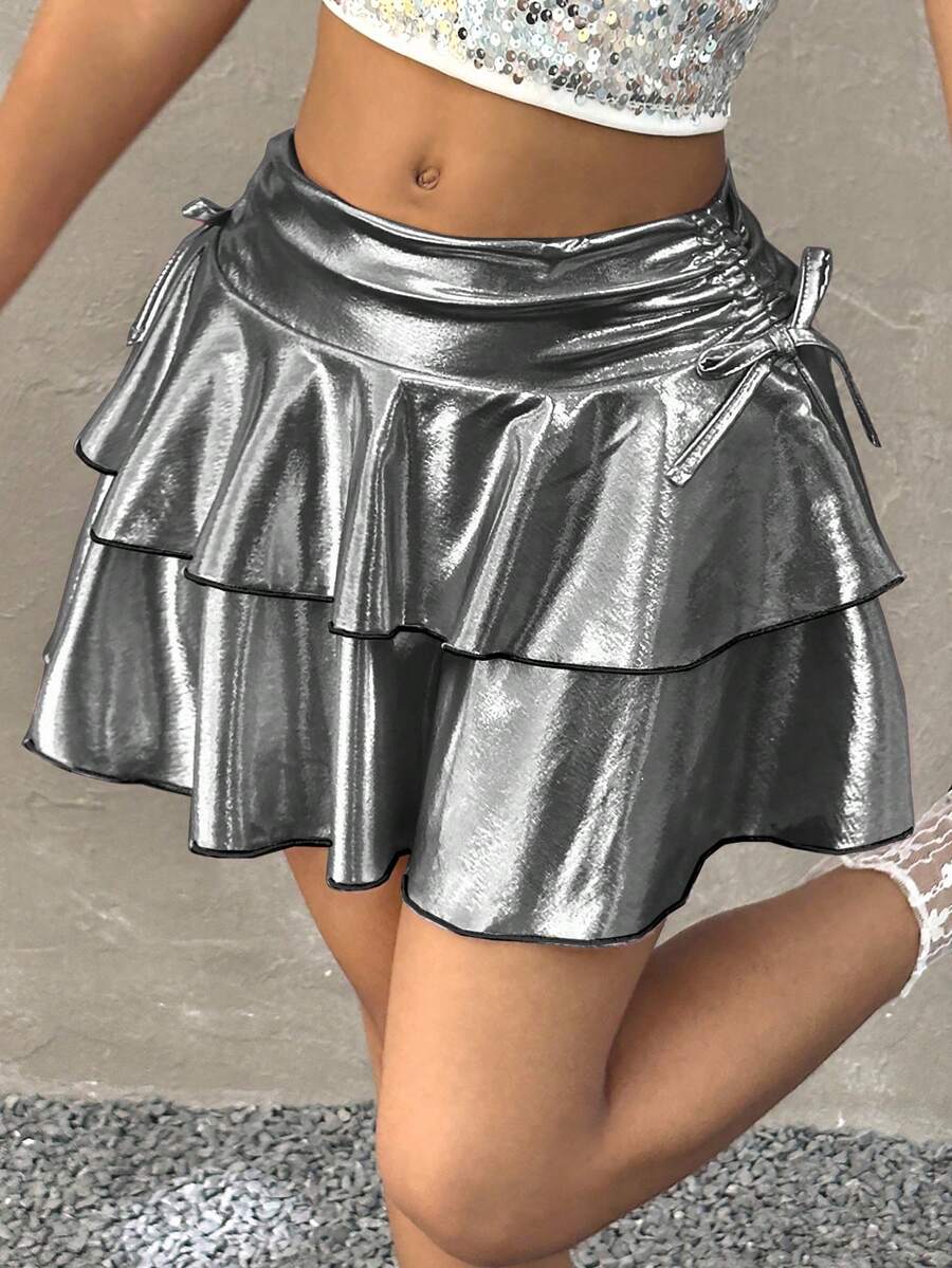 Coolane 少女粉色和紫色闪亮抽绳腰部褶边及膝半身裙，休闲街头风格 - 灰色 - 查看 1