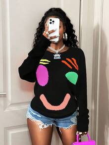 BamGleam Smiling Face Patchwork Crew Neck Casual Versatile Long Sleeve Knit Pullover - Black - View 7