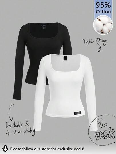 Tseoso 2pcs Black & White Casual Square Neck Long Sleeve Fitted Long T-Shirt Set, Suitable For Autumn & Winter, 95% Cotton, Vintage, Softgirl, Summer Outing, Home, Back To School, Fall Women Clothes, Versatile, Early Autumn, Chic