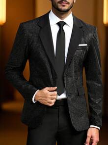 Manfinity AFTRDRK 男士卡其色梭织面料常规版型长袖翻领西装外套，适合送给男朋友/丈夫的礼物，老钱风格 - 黑色 - 查看 1