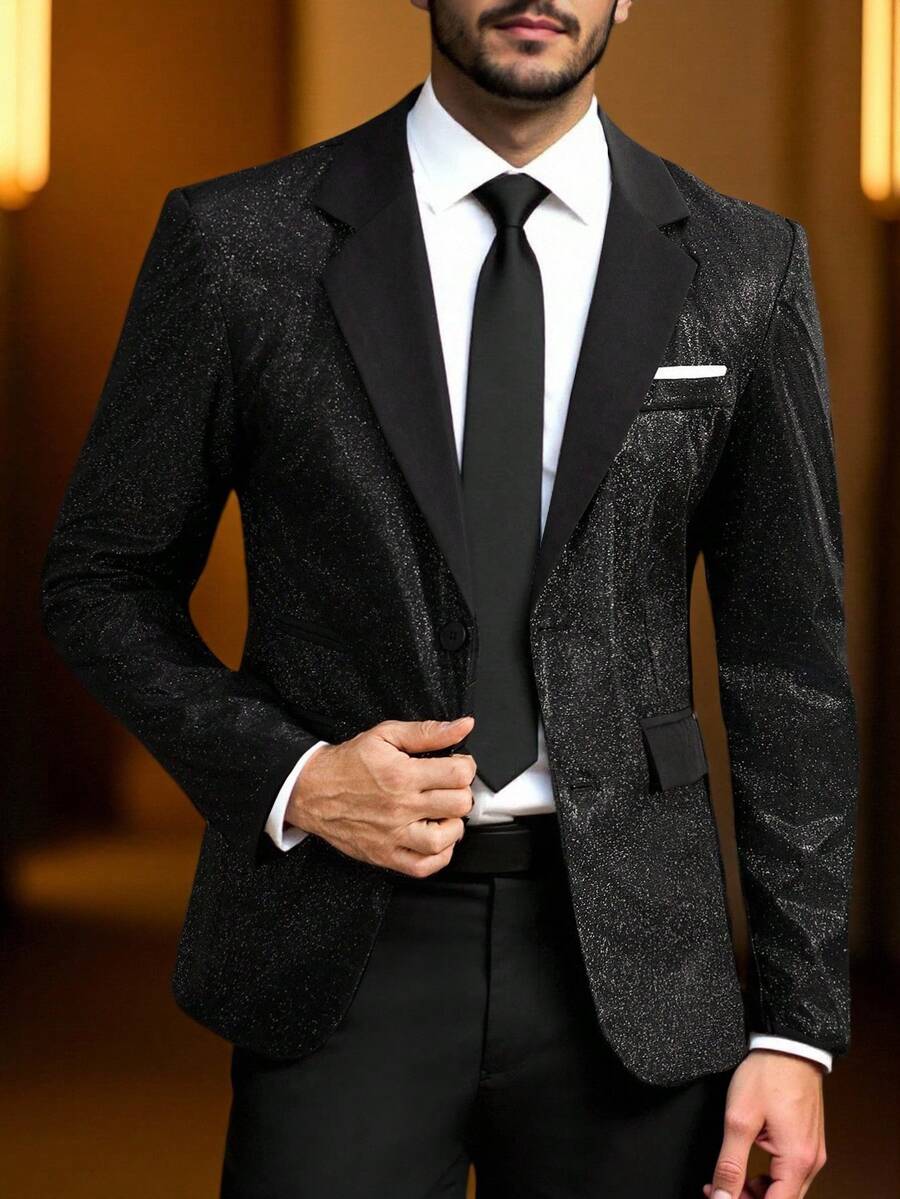 Manfinity AFTRDRK 男士卡其色梭织面料常规版型长袖翻领西装外套，适合送给男朋友/丈夫的礼物，老钱风格 - 黑色 - 查看 1