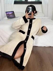 SHEIN Plus Size Women's Plush Contrast Color Block Round Neck Long Robe,Black And White,Autumn,Elegant,Dinner Winter 3 Piece Fluffy Pajama Dress Lounge Wear - Beige - View 1