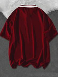 Aesthetic Post 大码男式标语印花撞色休闲通勤短袖 Polo 衫 - 酒紅色 - 查看 2