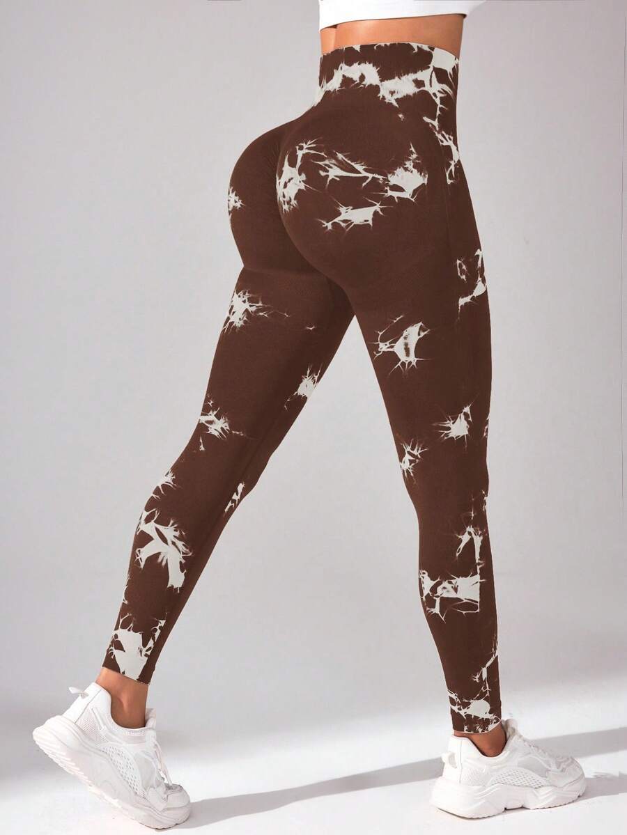 Easithlete 女式扎染高腰休闲健身紧身裤 - 咖啡棕 - 查看 1