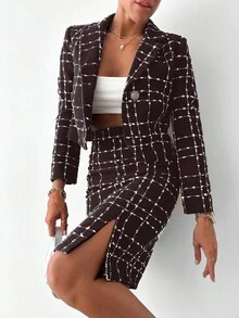 EURMUSE Women's Fashionable Commuter Plaid Split Hem Skirt - Chocolate Brown - View 4