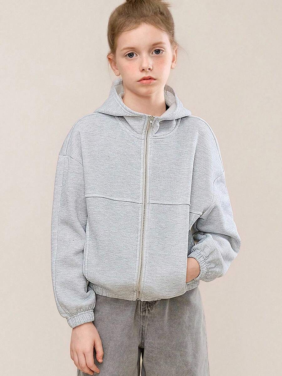 Tween Girl Baggy Casual Hooded Zip-Up Vintage Long Sleeve Sweatshirt, Suitable For Winter, Autumn, Halloween Fall - Light Grey - View 1