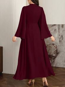 Modelyn Gaun Arab Lengan Lonceng Warna Polos Elegan untuk Wanita, Gaun Malam Panjang Musim Gugur - Merah - View 2