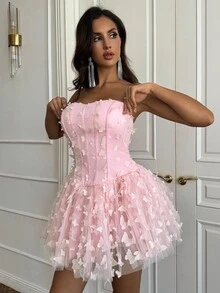 SHEIN BAE 可爱性感3D蝴蝶装饰泡泡袖连衣裙 - 粉色 - 查看 5