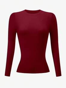 INAWLY 女士休闲纯色圆领长袖 T 恤 - 酒紅色 - 查看 3