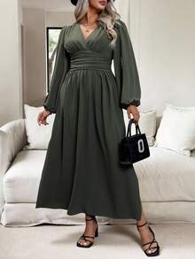 Vionelle Plus Lantern Sleeve Ruched Waist Split Thigh Dress Maxi Women Outfit - Army Green - View 3