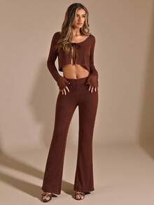 SHEIN BAE Women's Coffee Brown Knitted 2 Pieces Set,Solid V-Neck Long Sleeve Top & High Waist Wide Leg Pants,Autumn Thermal Lining Seksi Chic Brunch Outfitting - Coffee Brown - View 5