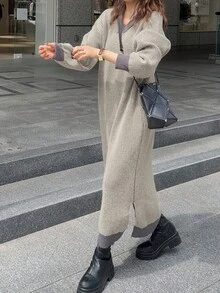 FRIFUL 女式落肩长袖V领宽松休闲直筒长款毛衣连衣裙 - 彩色 - 查看 5