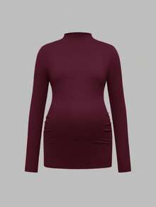 Modmama 3Pcs Maternity Autumn Clothes,Black And White Elegant Smart Casual Everyday Solid Stand Collar Long Sleeve Thermal Lined Fitted Pregnancy T-Shirt - Burgundy - View 12
