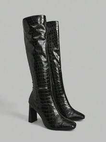 Ontre Botas altas hasta el muslo de punta cuadrada, estilo europeo y americano - Negro - Ver 2