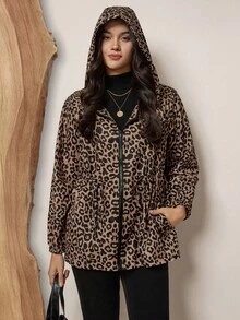 SHEIN LUNE Plus Allover Print Drawstring Waist Hooded Jacket For Autumn & Winter With Pockets Winter Clothes